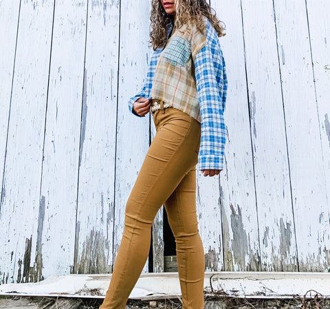 Blue & Mustard Multi Plaid Color-block Cropped Flannel
