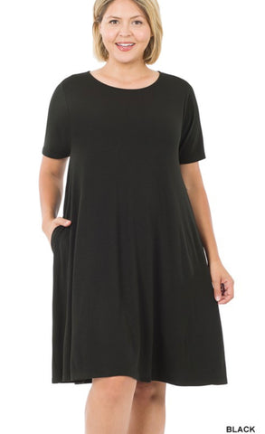 Black Short Sleeve Dress w/ Pockets- Plus