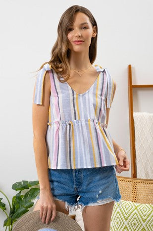 Navy Multi Striped V-Neck Sleeveless Top