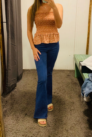 Medium Blue High Waist Stretch Flare Pants