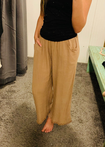 Latte Wide Leg Elastic Waist Frayed Hem Pants