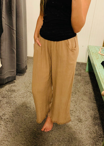 Latte Wide Leg Elastic Waist Frayed Hem Pants