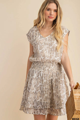Beige Sleeveless Snake Print Waist Smocking Dress