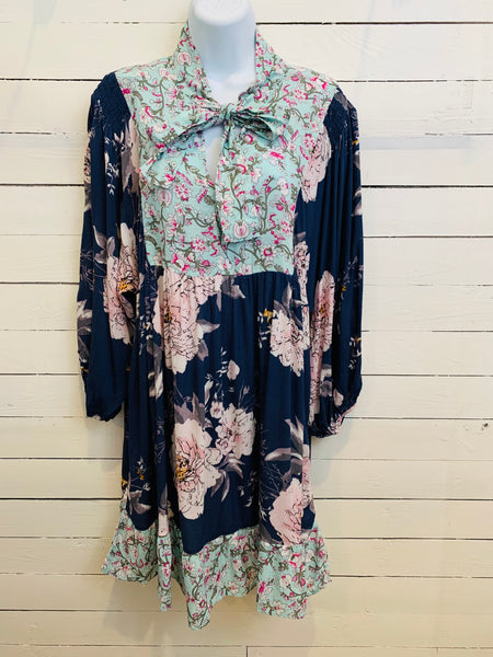 Navy Mix Floral 3/4 Puff Sleeve Dress w/ Keyhole Neck Tie