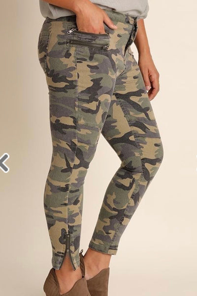 Olive Camo Moto Pants with Zipper Front and Ankle Details - Plus