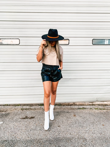 Black Vegan Leather Paperbag Shorts