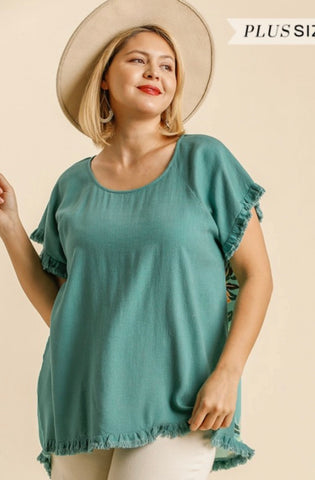 Emerald Linen Short Sleeve Floral Print Back Top - Plus