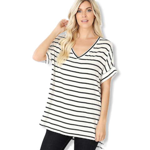 V-Neck White & Black Stripe Knit Top