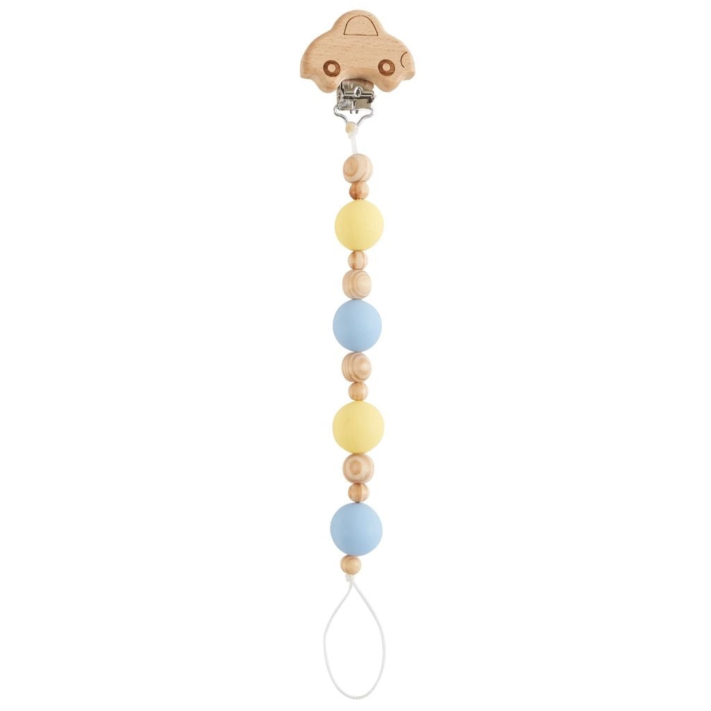 Blue & Yellow Wooden Car Pacifier Clip