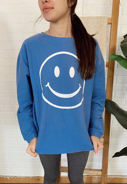 Blue Smiley Face Corded Sweatshirt