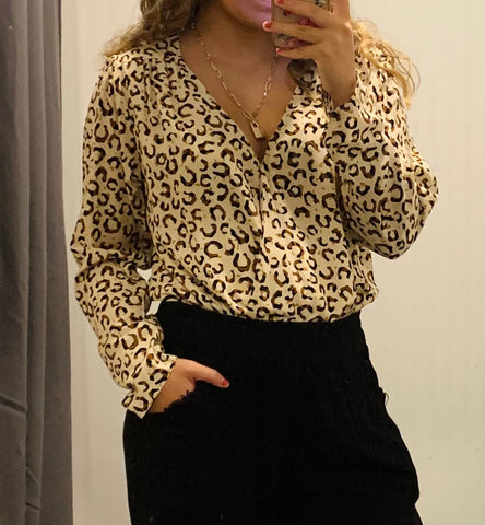 Leopard Taupe Long Sleeve V Neck Bodysuit