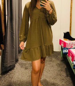 Olive Button Baby Doll Long Sleeve Dress