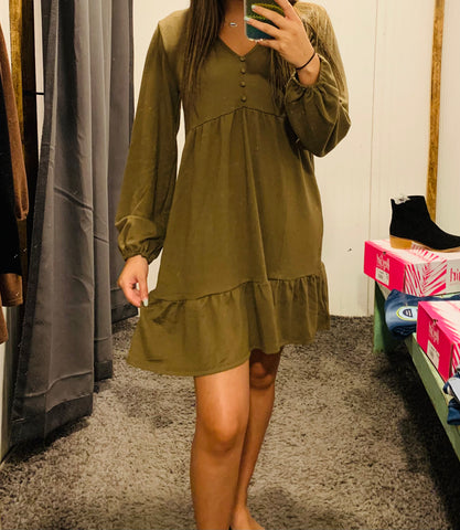 Olive Button Baby Doll Long Sleeve Dress