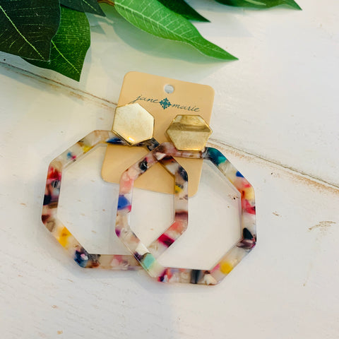 Multi-Colored Marble Hexagon Earrings