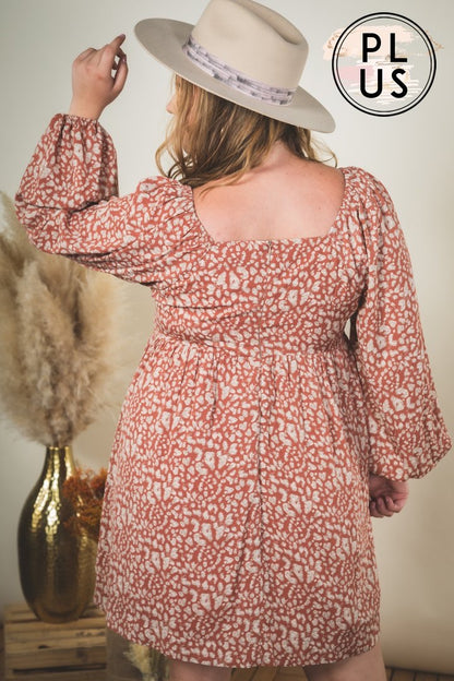Rust Printed Off the Shoulder Bell Sleeve Dress- Plus