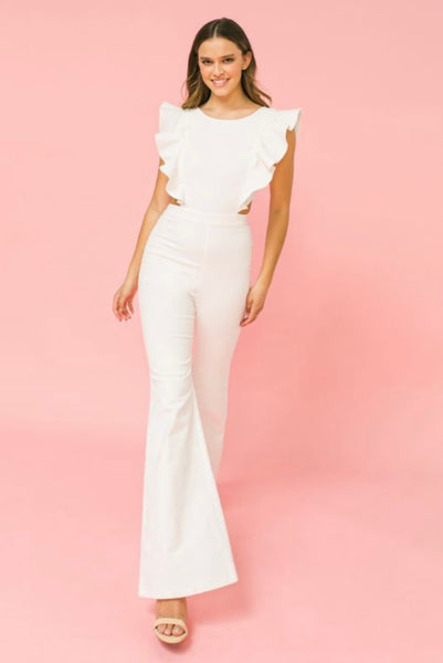 White Denim Jumpsuit w/ Flared Sleeves and Side Cut-Outs