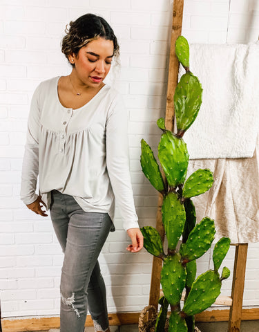 Bone Henley Neck Flowy Top w/ Buttons