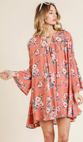 Salmon Floral Dress with Neck Button- Plus