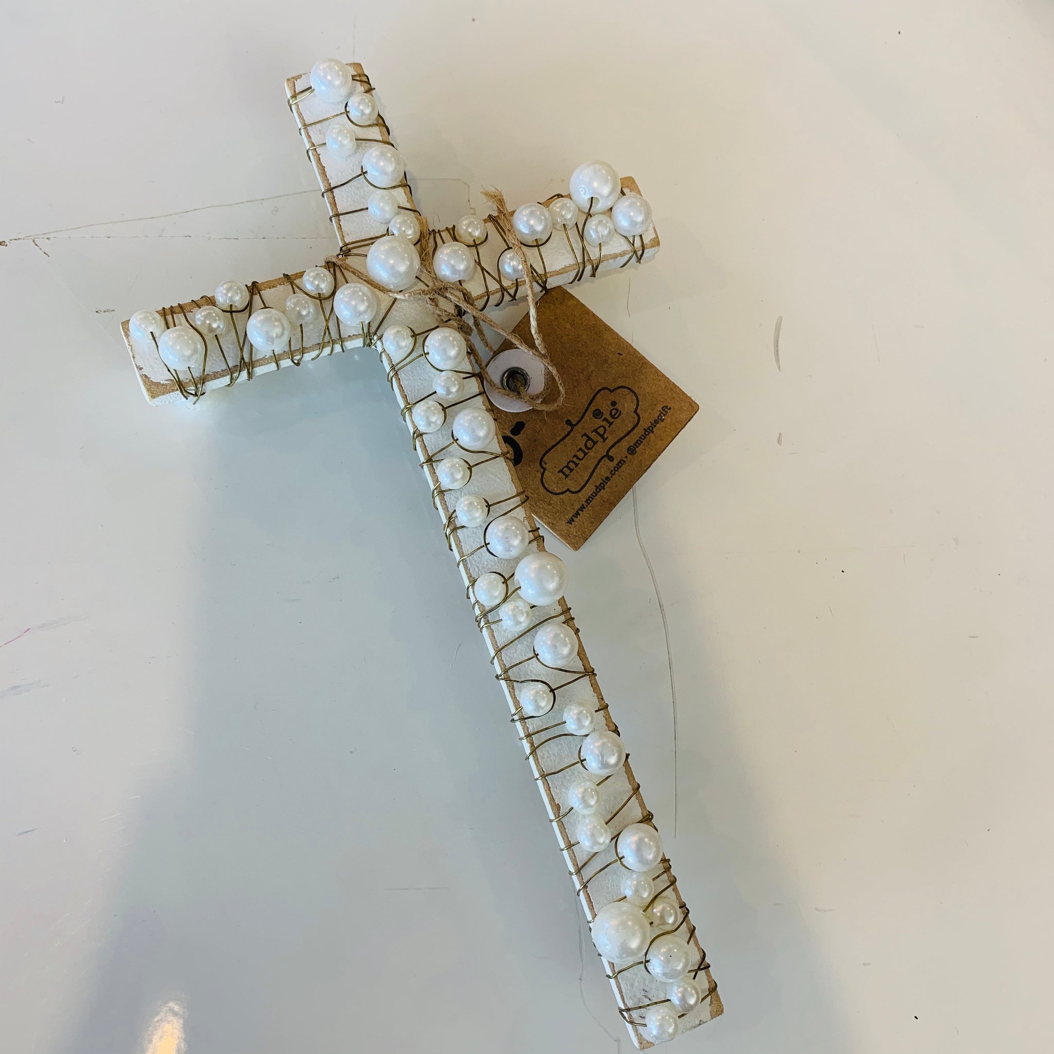 White Wooden Cross with Pearls