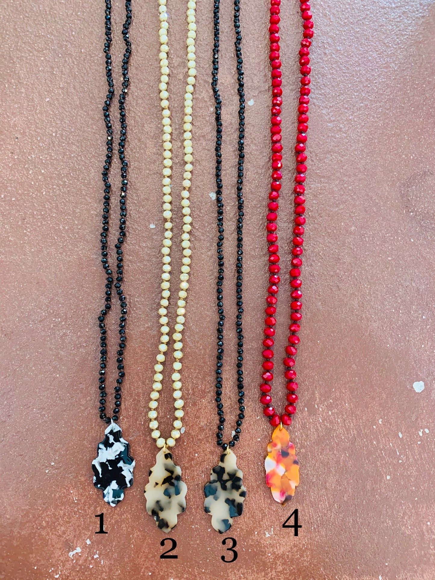 Long Beaded Necklace with Acrylic Leaf Pendant- BB