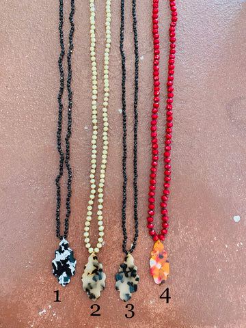Long Beaded Necklace with Acrylic Leaf Pendant- BB