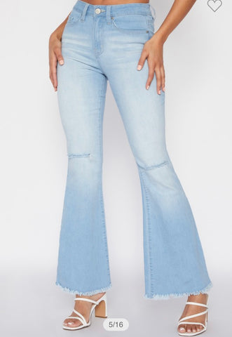 Light Wash Denim Flare Fray Hem Knee Slit Jeans