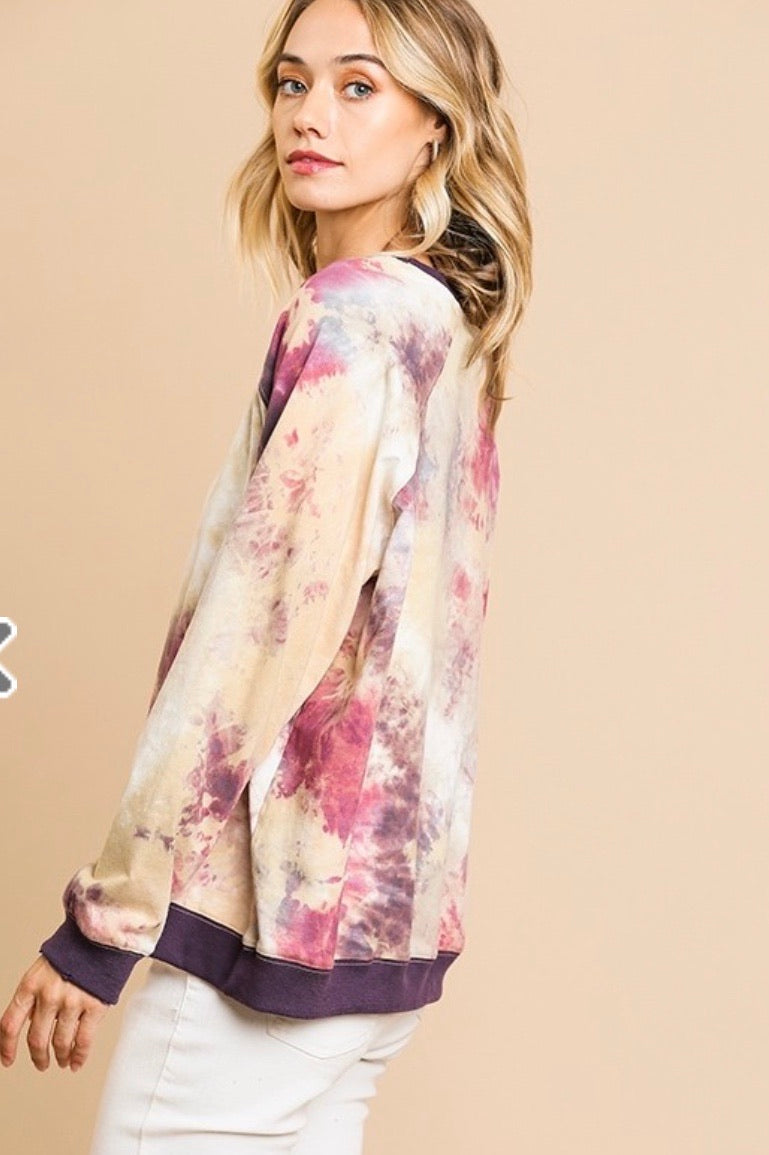 Tie Dye Print Long Sleeve Round Neck Top - Purple Mix