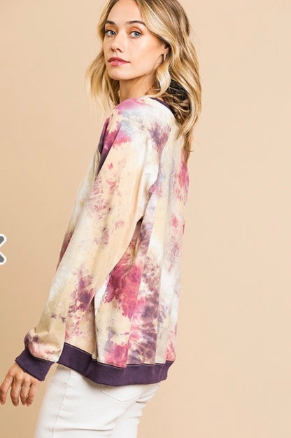 Tie Dye Print Long Sleeve Round Neck Top - Purple Mix