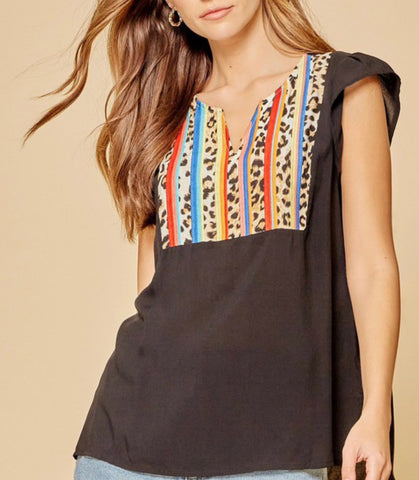 Solid Black Leopard & Stripe Embroidered Top- Plus