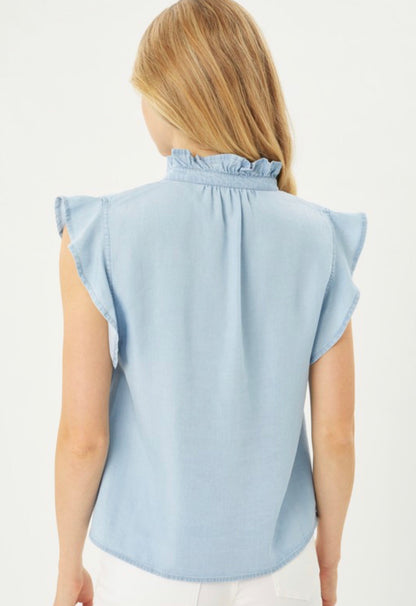 Denim Woven Solid Ruffle Neck Button Front Top