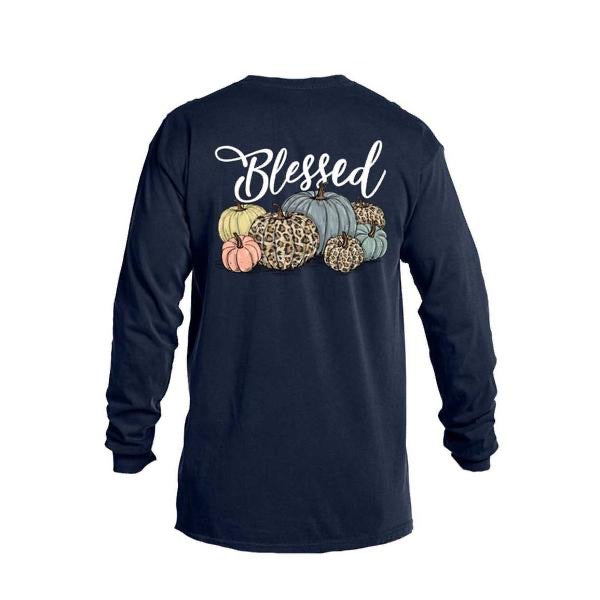Navy Long Sleeve Blessed Shirt with Pumpkins