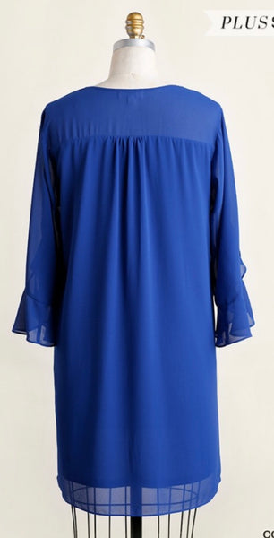 Royal Blue Bell Ruffle Sleeve V-neck Dress