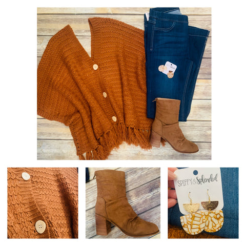Rust V Neck 3/4 Sleeve Sweater Poncho