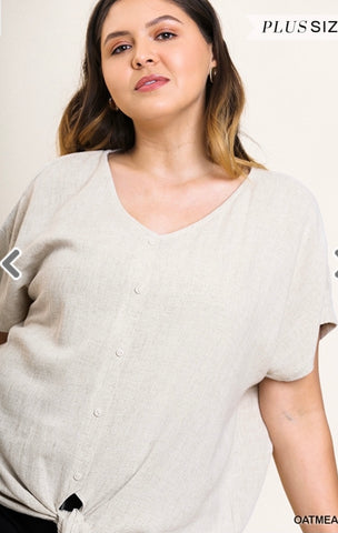 Oatmeal Linen Blend Button Up V-neck w/ Waist Tie Top- Plus