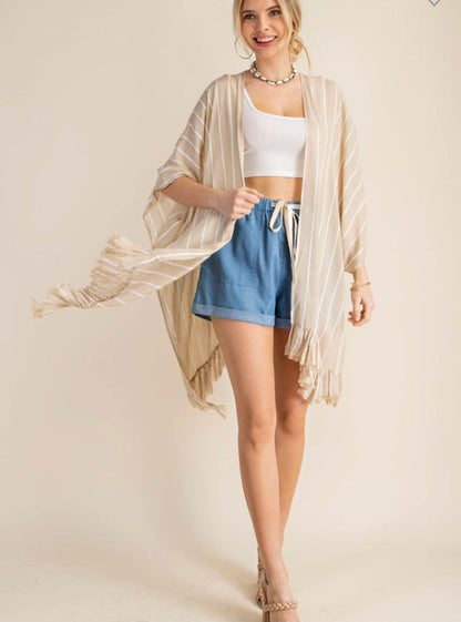 Taupe and White Striped Ruffle Edge Kimono
