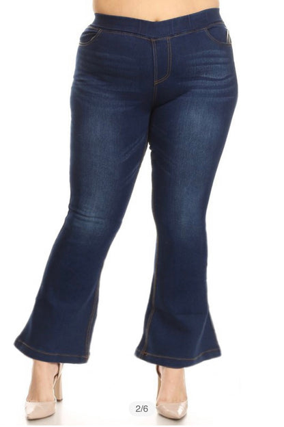 Dark Denim Pull On Flare Jeans - Plus