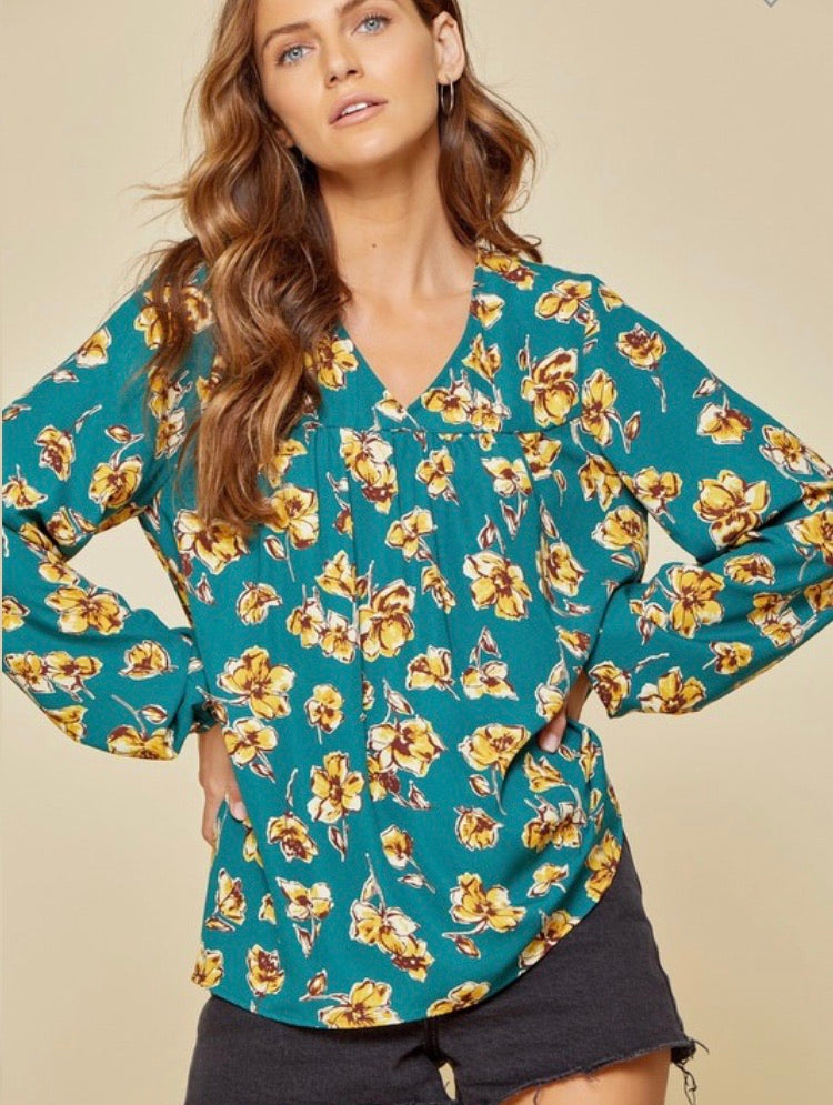 Dark Teal V-neck Yellow Floral Classy Top