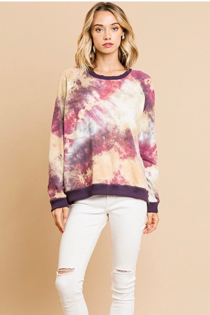 Tie Dye Print Long Sleeve Round Neck Top - Purple Mix