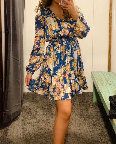 Teal Floral Printed Smocked Waist Dress