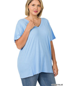 Spring Blue Short Sleeve Boyfriend V-Neck Tee- Plus