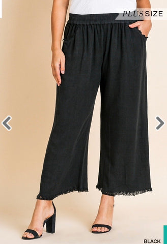 Black Wide Leg Linen Pants w/ Elastic Waist- Plus