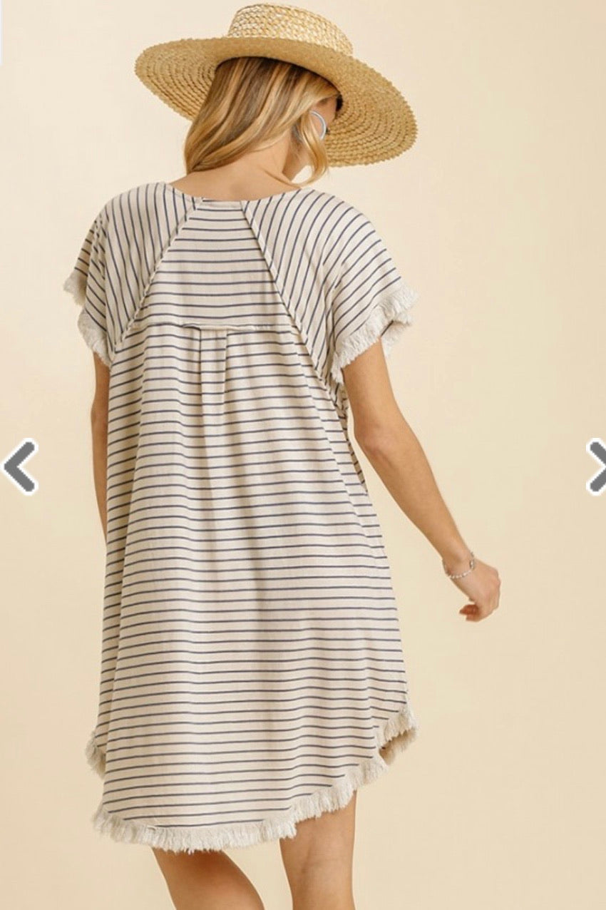 Denim Blue Stripe Ruffle Sleeve Pocket Dress with Raw Hem