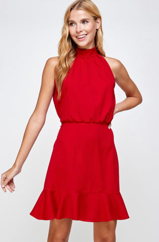 Red Solid Back Tie Halter Dress