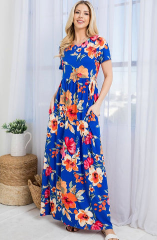 Royal Blue Floral Butter Soft Pocket Maxi Dress
