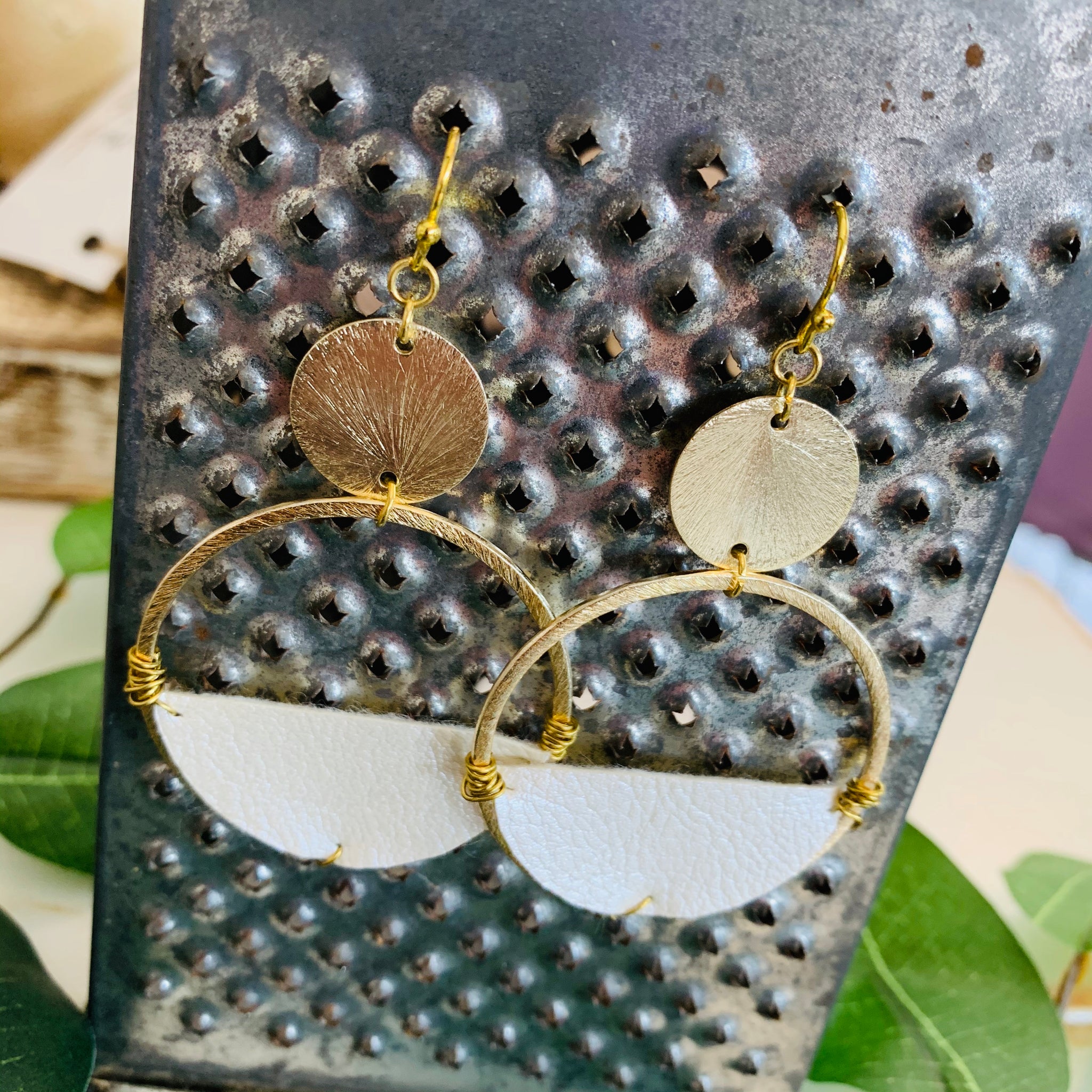Gold Earrings with Leather Accent - BB