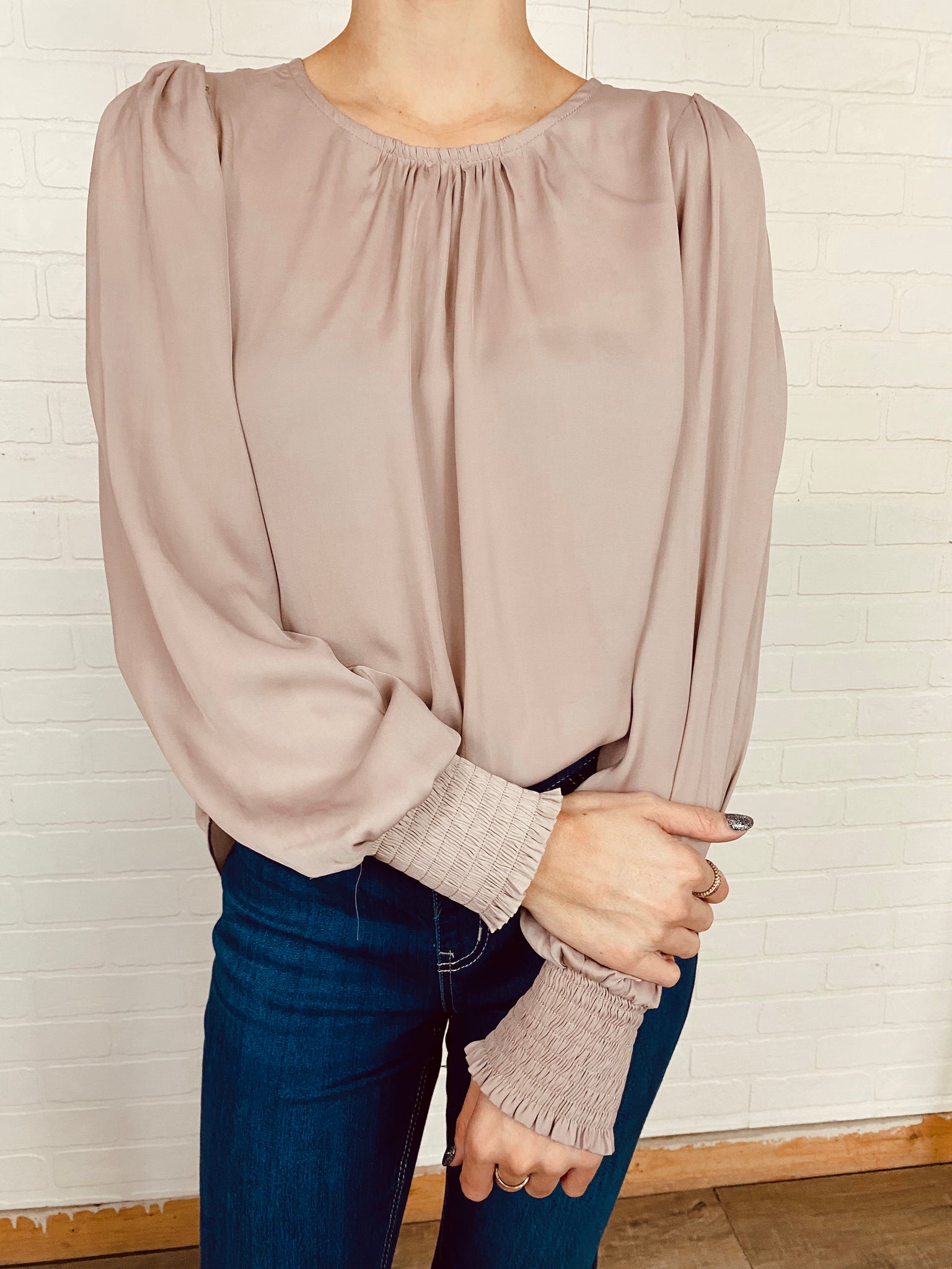 Dusty Mauve Long Sleeve Blouse with Smocked Cuffs