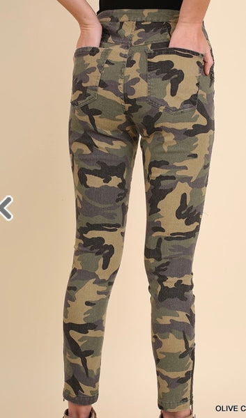 Olive Camo Moto Pants with Zipper Front and Ankle Details