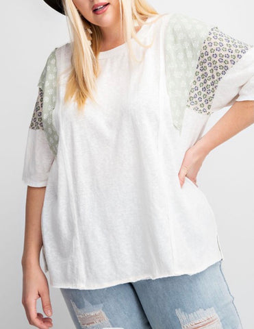 Short Sleeve Mix Print Cotton Slub Loose Fit Top - Off White - Plus