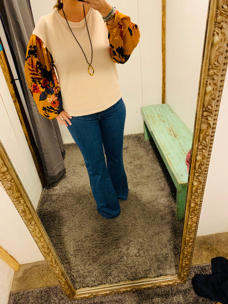 Natural Waffle Knit Top w/ Floral Sleeves