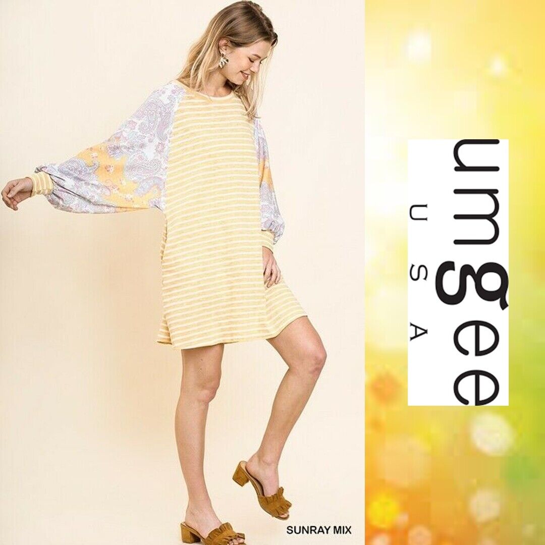Yellow Stripe Paisley 3/4 Sleeve Dress- Plus
